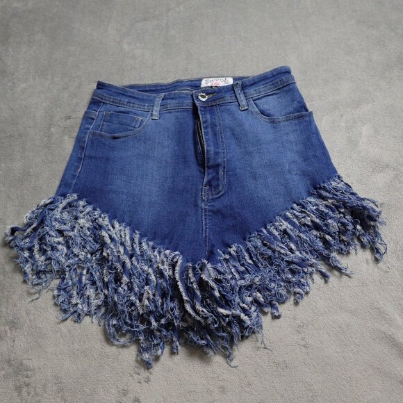 Swank A Posh Fringe Short Women's Large Blue Denim High Rise Pockets - Picture 1 of 9